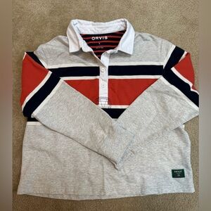 Orvis Womens Gray, Orange and Navy Striped top.